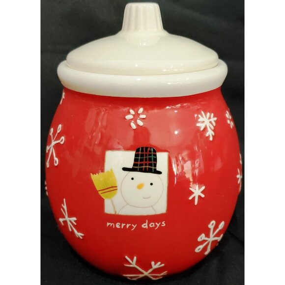 Hallmark small Merry Days snowman COOKIE TREAT JAR Christmas canister ceramic - Picture 1 of 9